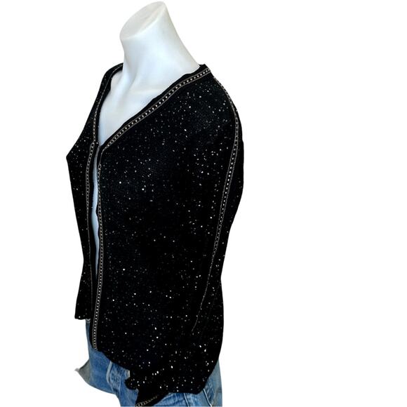 Sioni Sequin Beaded Black Cardigan Sweater SMALL Tweed Studded Designer $190 - Picture 2 of 8
